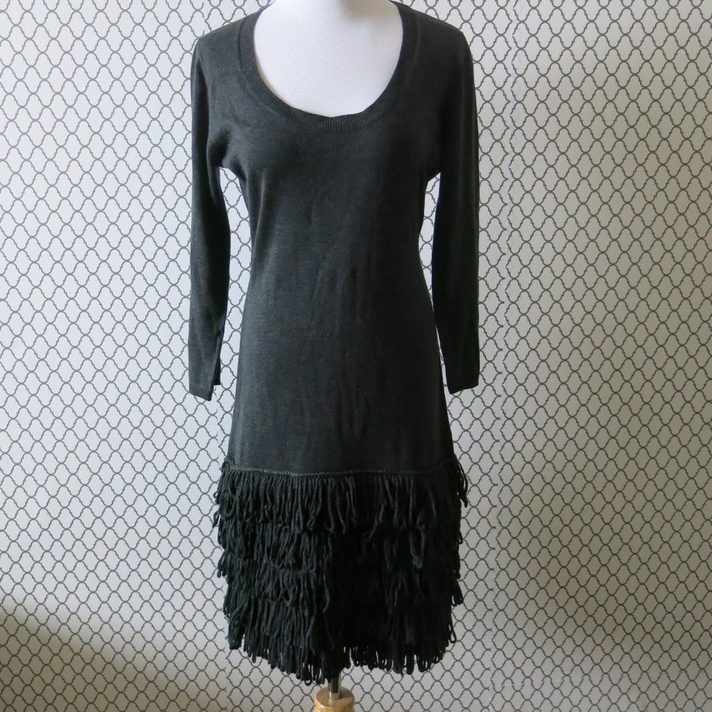 Calvin Klein Charcoal Gray 3/4 Sleeve Fringe Cozy Sweater Dress - Size Medium